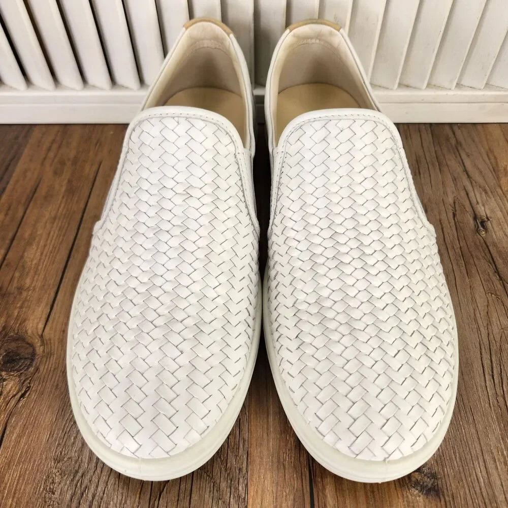 ECCO Soft 7 Woven Slip-On Womens Sz 9.5 White Leather Modern Sleek Loafers Shoes